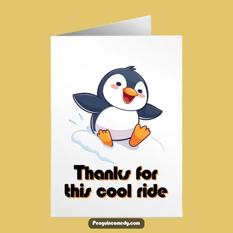 Free Printable Thank You Card: Gleeful Penguin Snow Slide Downloadable for Winter Thanks