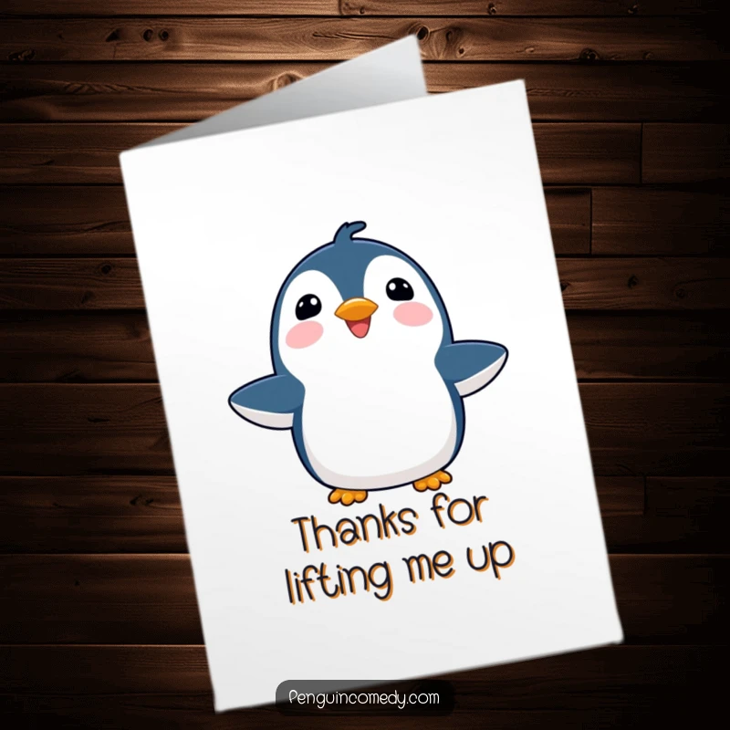 Funny Free Printable Thank You card of a joyful penguin with flippers outstretched, looking up with a sense of wonder and gratitude.