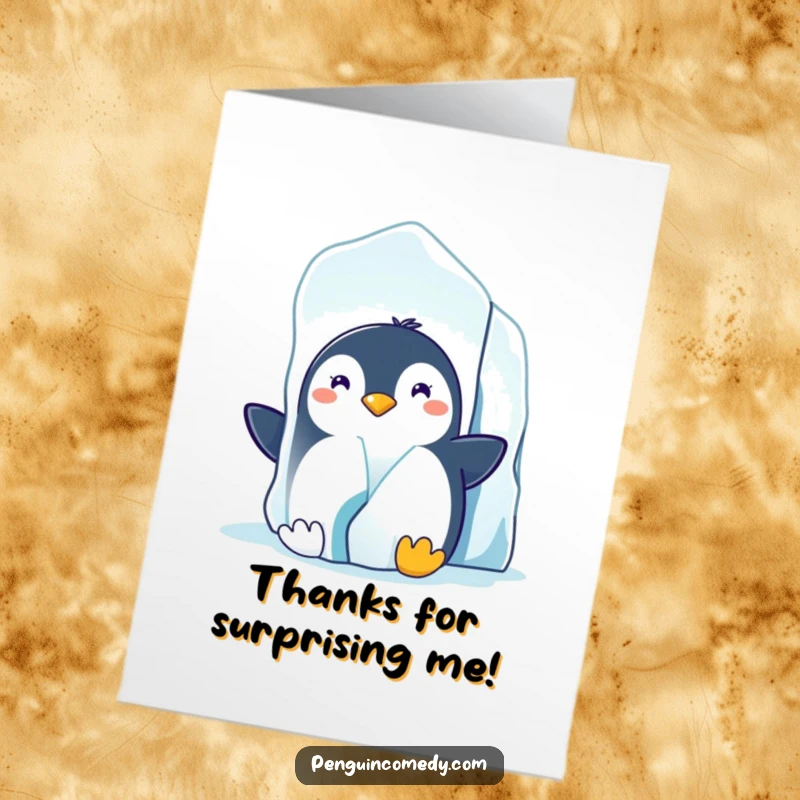 Funny Free Printable Thank You Card: Adorable penguin with a mischievous grin, peeking from behind a large iceberg, expressing thanks.