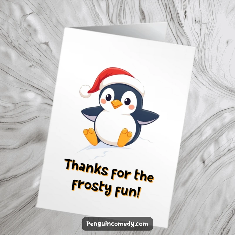 Funny Free Printable Thank You Card: Cheerful penguin in Santa hat sliding downhill, expressing thanks with winter fun.