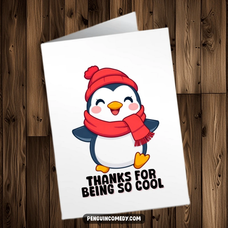 Funny Free Printable Thank You card featuring a cheerful penguin clutching a bright red scarf, offering a warm thank you.