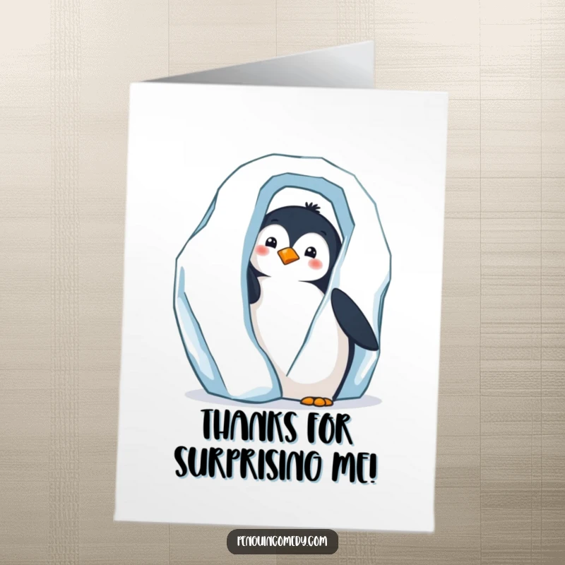 Funny Free Printable Thank You Card: Curious penguin peeks from iceberg, sending thanks with a sweet downloadable gift.