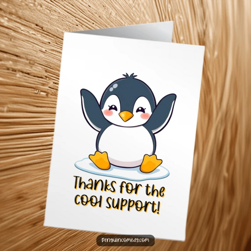 Funny Free Printable Thank You Card: A penguin gleefully claps its flippers on an icy expanse. A humorous, downloadable token of gratitude.