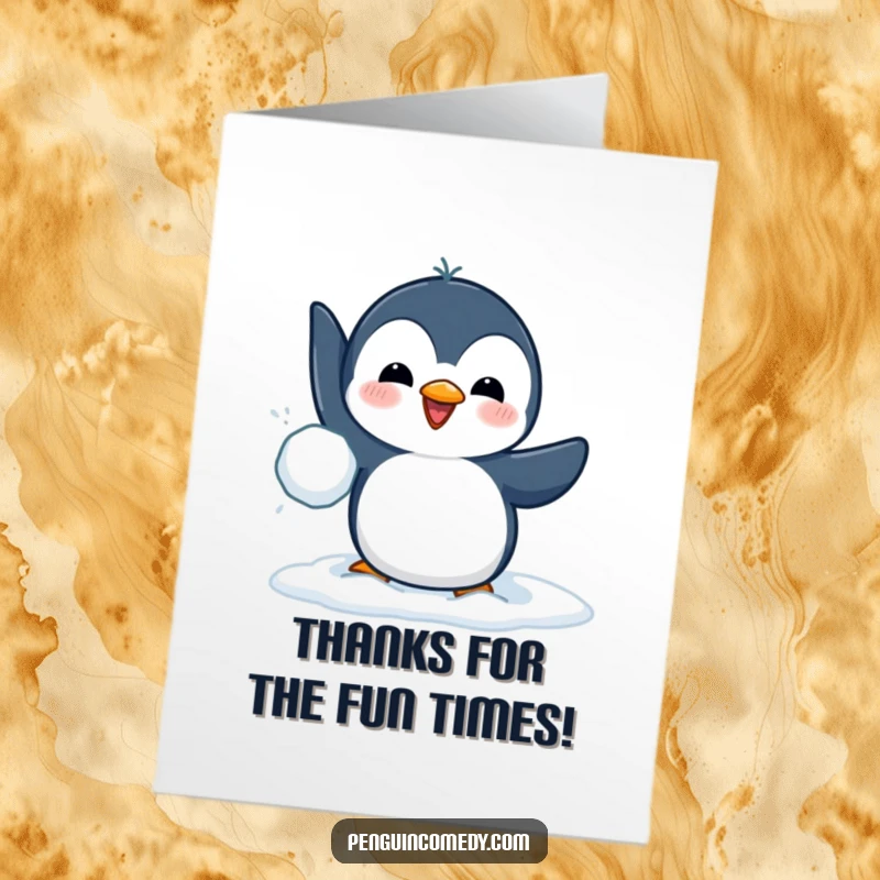 Funny Free Printable Thank You Card: Penguin about to throw a snowball, expressing thanks with a playful gesture.