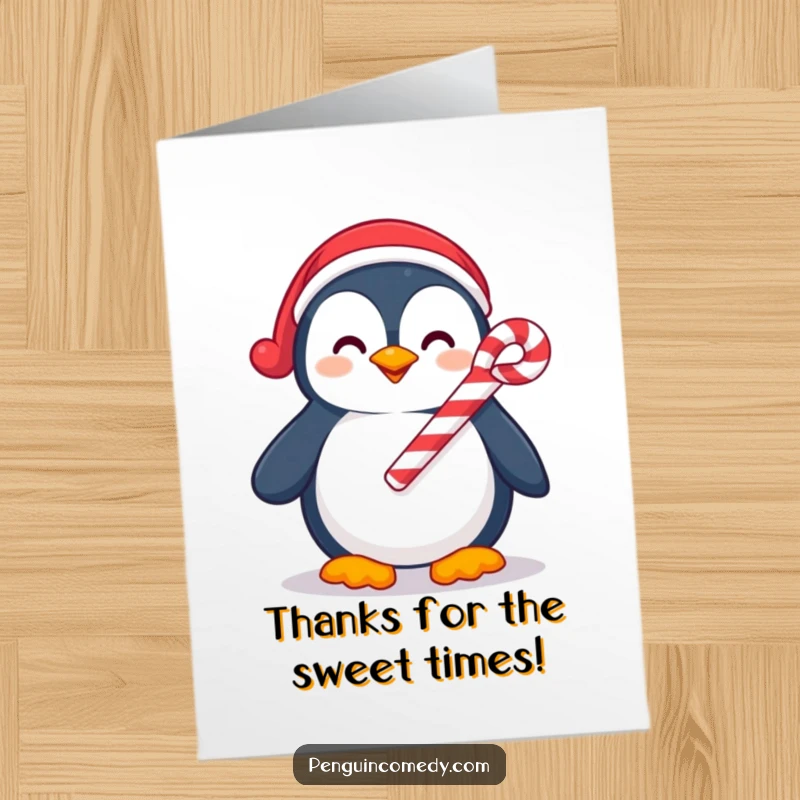 Funny Free Printable Thank You Card: A happy penguin holding a candy cane with a warm smile of thanks.