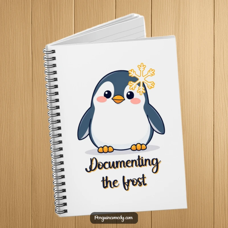 Funny notebook cover featuring a penguin curiously examining a snowflake, perfect for note-taking and inspiration.