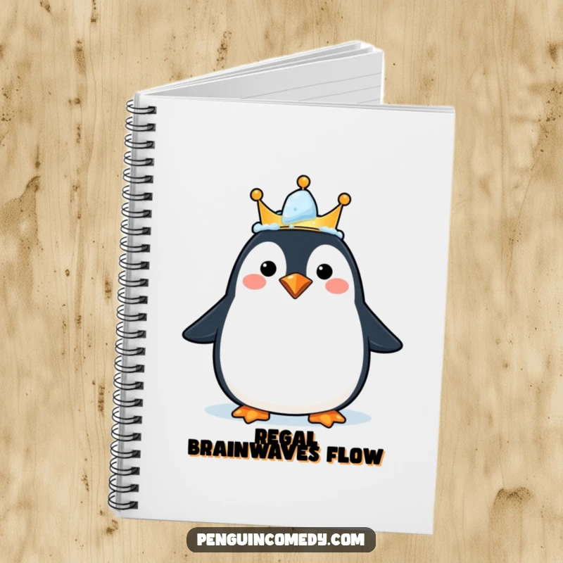 Funny notebook with a happy penguin wearing an ice crown, ideal for journaling, a humorous gift.