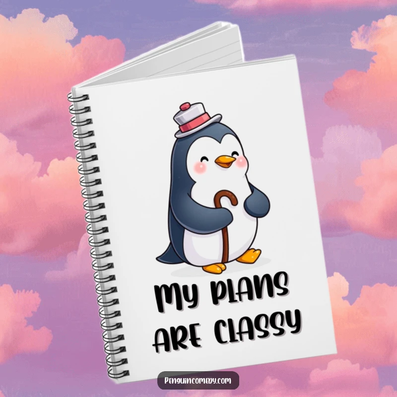 Funny notebook cover displaying a happy penguin wearing a top hat and holding a cane, perfect for journaling and planning.