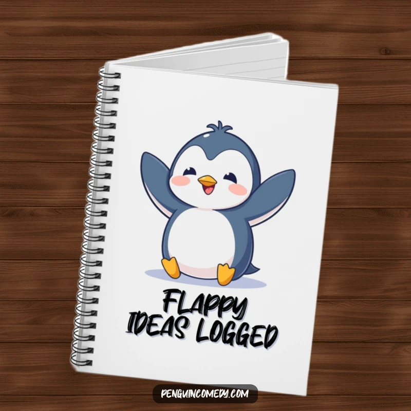 Funny notebook adorned with a penguin flapping its wings excitedly, ideal for jotting down enthusiastic thoughts and plans.