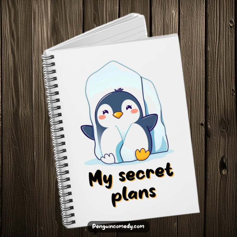 Funny notebook cover featuring a grinning penguin peeking from behind a massive iceberg, ready to record clever thoughts.