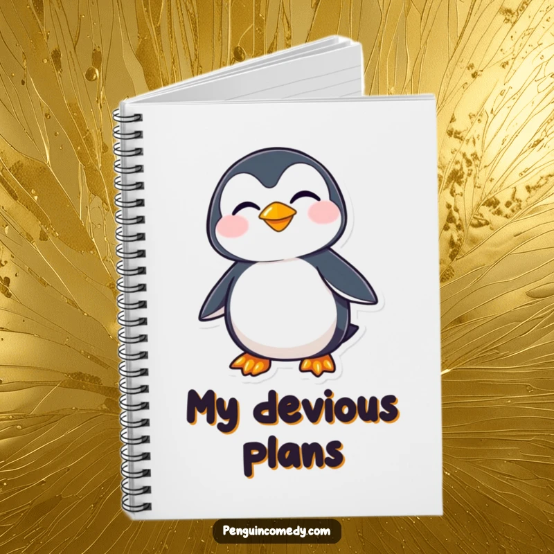 Funny penguin character with a mischievous sideways grin, ready to record witty ideas and playful plans in this charming notebook.