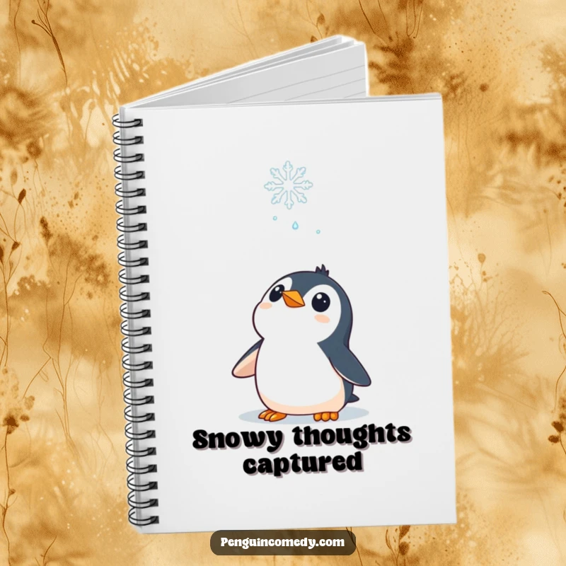 Funny Notebook: A curious penguin character looking up at a falling snowflake, perfect for jotting down winter ideas.