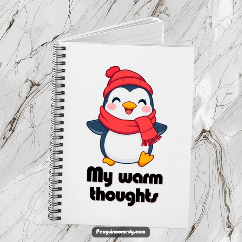Funny penguin scarf notebook, featuring a cheerful bird with a red scarf, designed for jotting down winter thoughts and ideas.