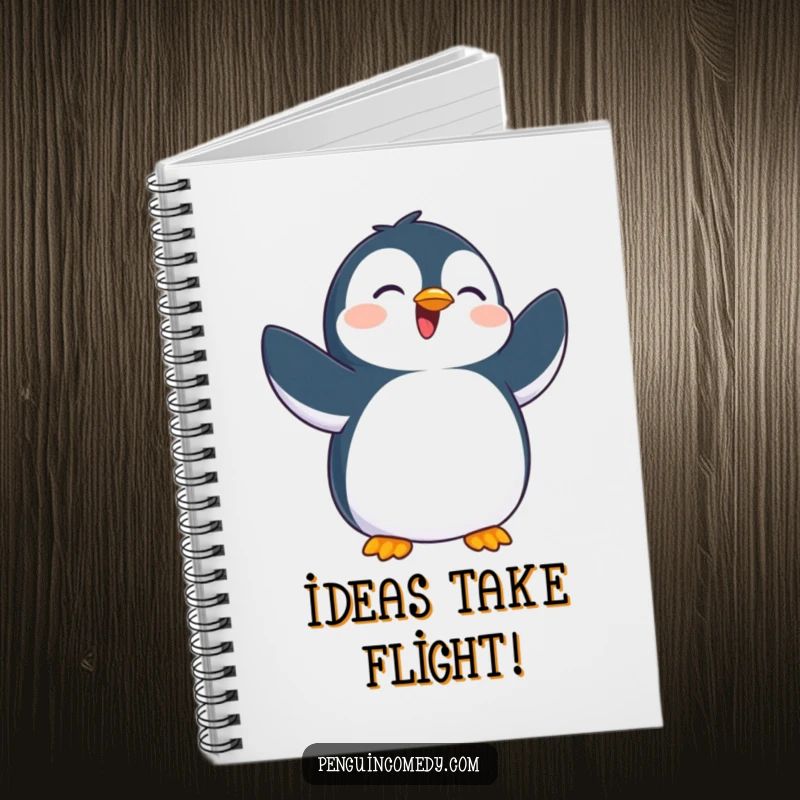 Funny notebook with an overjoyed penguin flapping flippers, ideal for capturing inspiring ideas and happy memories with a touch of humor.