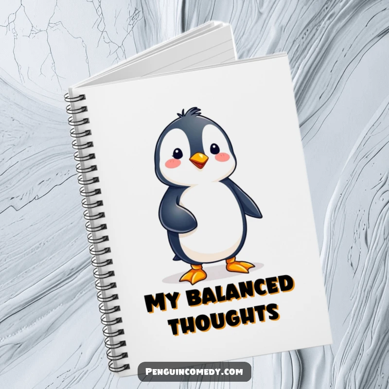 Funny penguin character standing on one foot, embodying balance and focus, ready to capture thoughtful notes in this notebook.