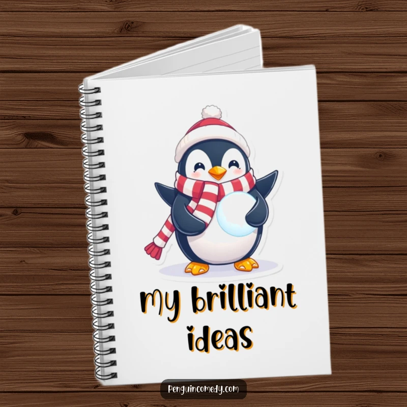 Funny Penguin Notebook with a festive penguin holding a glowing snowball, perfect for capturing thoughts with winter magic and charm.