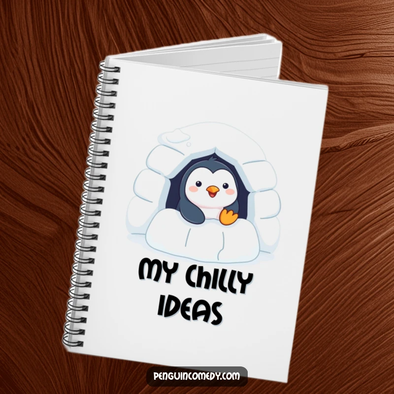 Funny Penguin Notebook cover displays a cheerful penguin peeking from an igloo, symbolizing curiosity and joy.