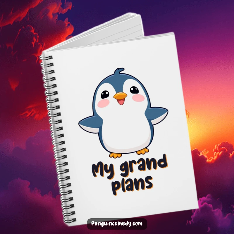 Funny joyful penguin notebook, with flippers outstretched, designed for capturing happy thoughts and optimistic reflections.