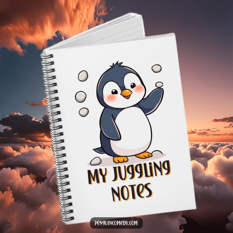 Funny penguin character focused on juggling three small pebbles, ready to inspire creative and comical notes in this notebook.