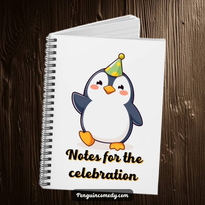 Funny cute penguin wearing a party hat, waddling joyfully, designed for a fun and funny notebook, perfect for gifting.