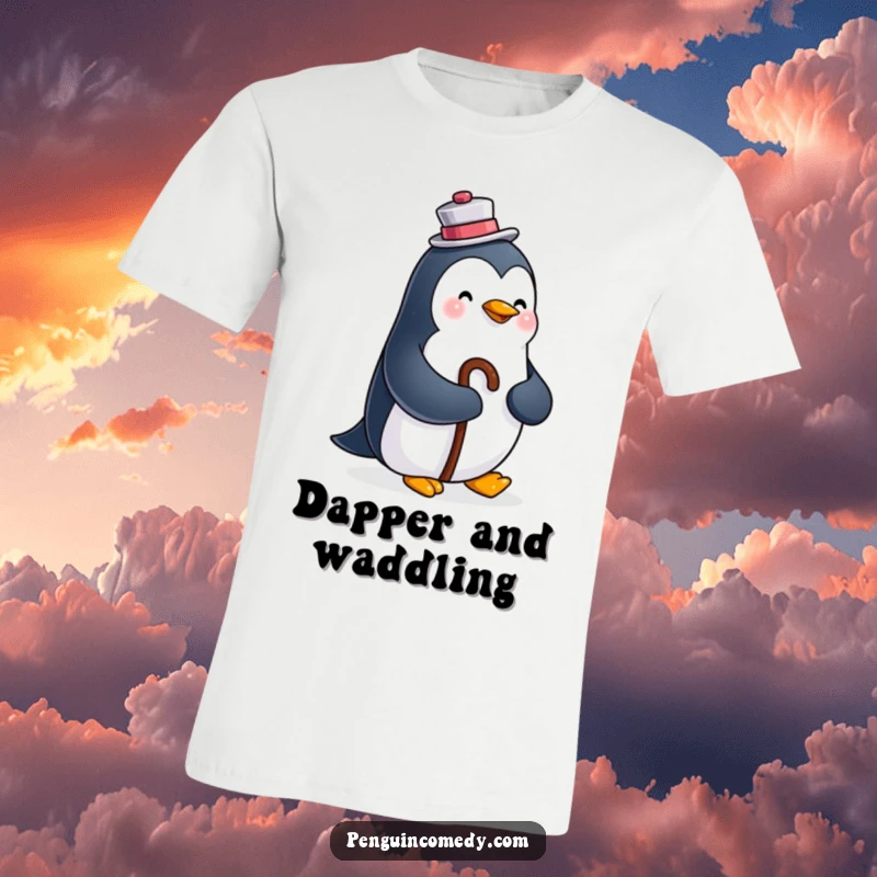 Funny t-shirt graphic of a happy penguin wearing a top hat and holding a cane, perfect for lovers of quirky style.