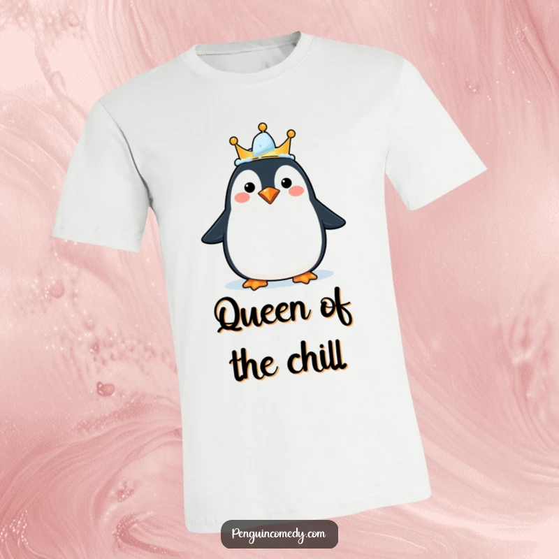 Funny t-shirt featuring a happy penguin wearing a small ice crown, a joyful and humorous gift.