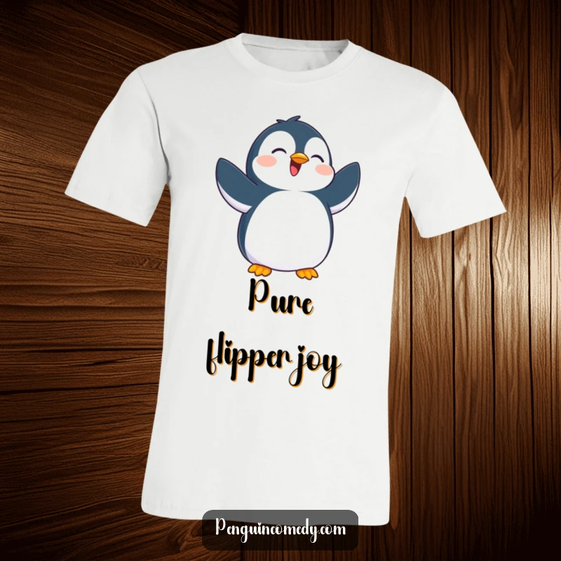 Funny t-shirt depicting a penguin joyfully flapping its flippers, conveying an infectious sense of elation and celebration.