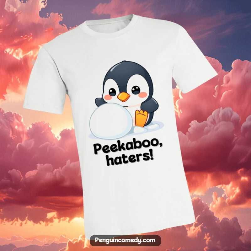 Funny t-shirt showcasing a mischievous penguin hiding behind a snowball, perfect for playful humor, a gift.