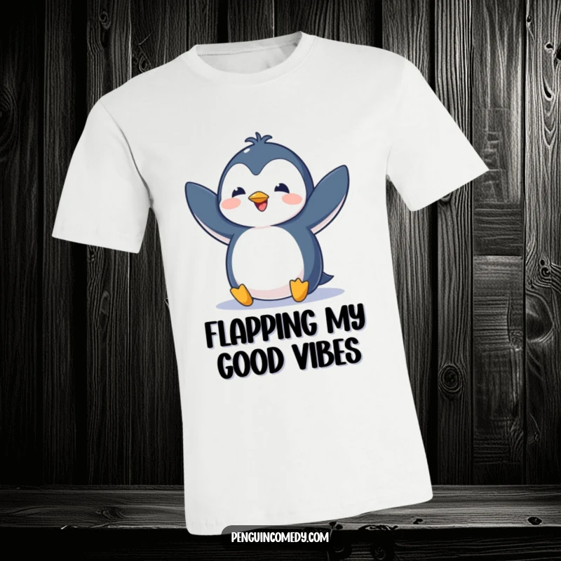 Funny t-shirt graphic of a penguin flapping its wings energetically, conveying pure, uninhibited excitement and happiness.