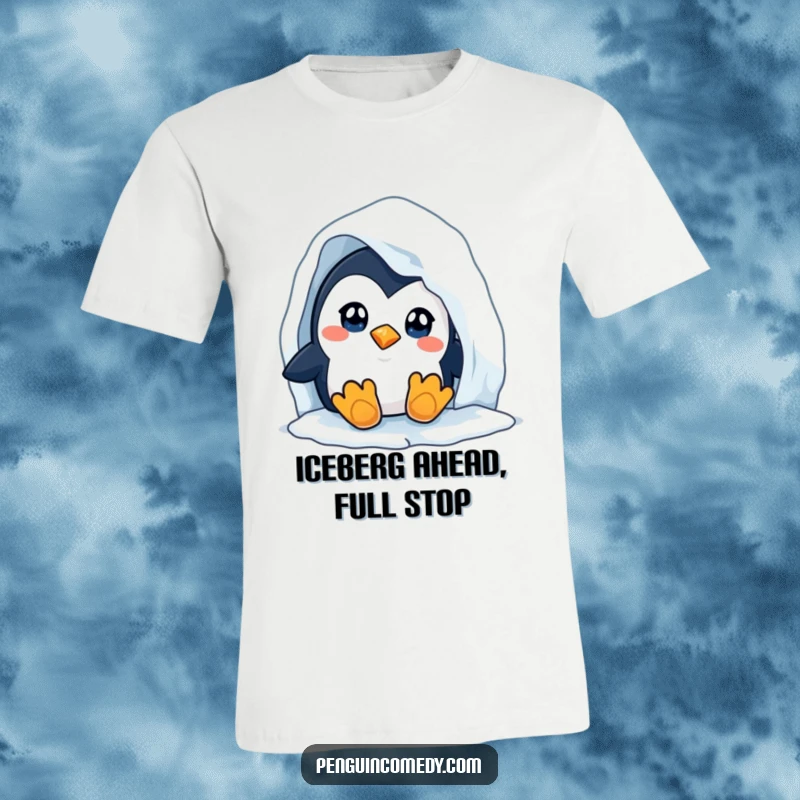 Funny Penguin T-Shirt: A wide-eyed, curious penguin peeks playfully from behind a frosty iceberg, embodying an adventurous and humorous spirit.