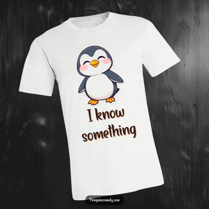Funny penguin character with a sly, mischievous grin looking sideways, hinting at secrets and fun on this graphic t-shirt.
