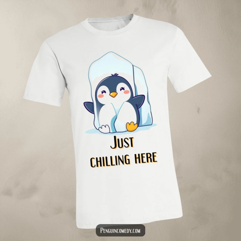 Funny t-shirt illustration of a penguin with a mischievous grin peeking from behind a vast, icy iceberg in the arctic.