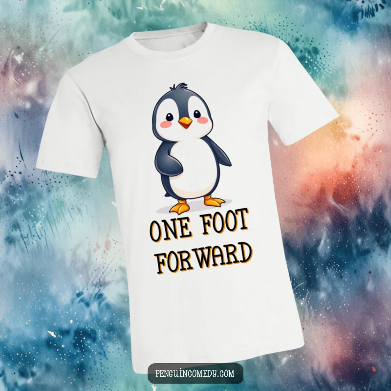 Funny penguin character striking a pose on one foot, showcasing excellent balance and a calm demeanor on this graphic t-shirt.
