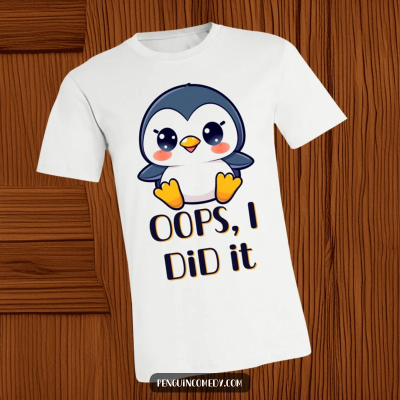 Funny t-shirt featuring a startled penguin with its beak slightly open, a humorous gift idea.
