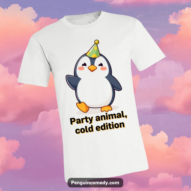 Funny cute penguin with a party hat, waddling happily, a hilarious tee for a funny gift.