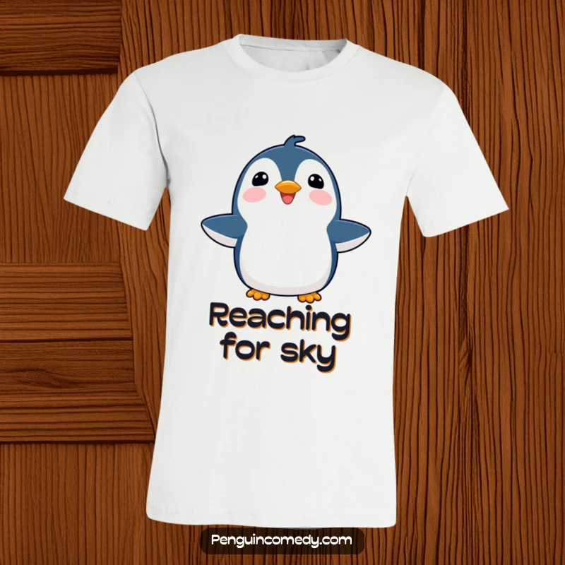 Funny joyful penguin with flippers spread wide, looking towards the sky with pure delight, a symbol of happiness.