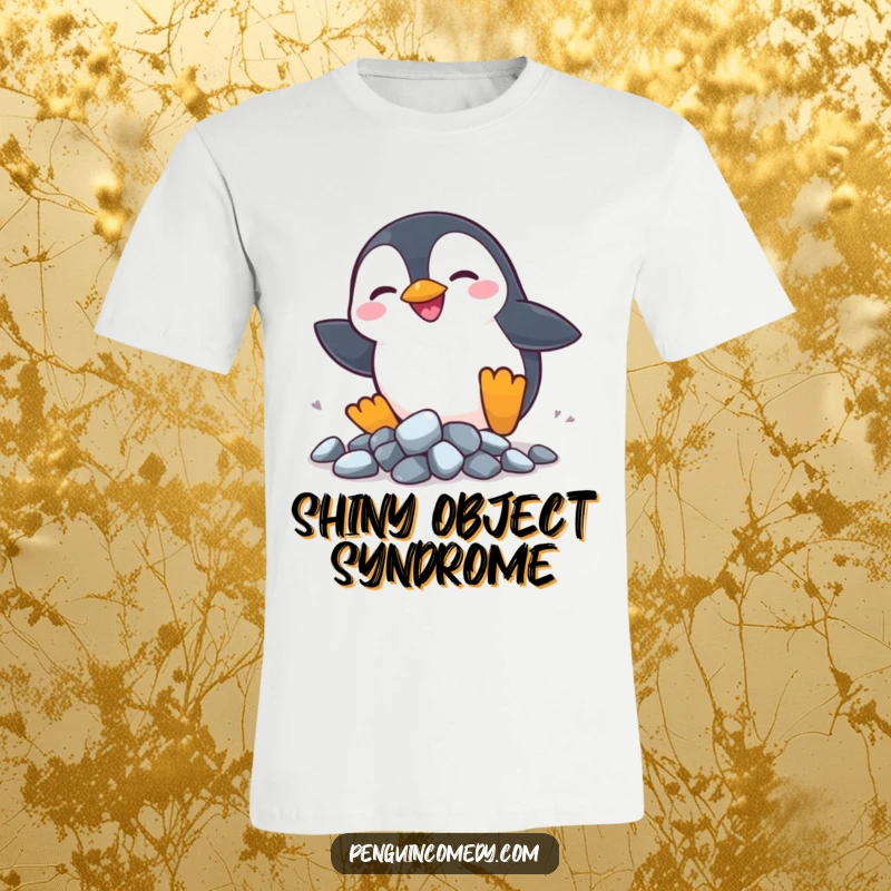 Funny Penguin Rocks T-Shirt: A silly penguin chases scattered shiny rocks with a joyful expression.