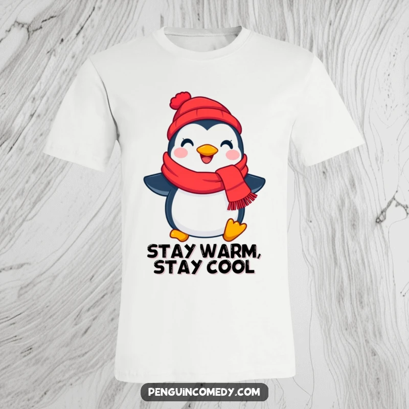 Funny cheerful penguin wearing a bright red scarf, looking happy and ready for the cold, a cute and funny tee.