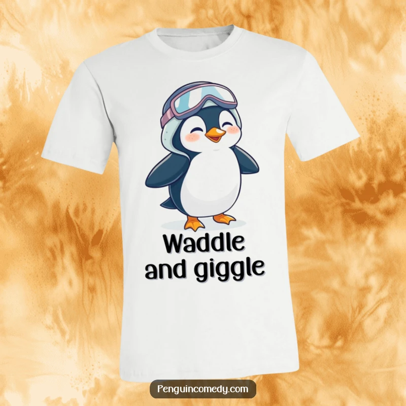 Funny Penguin T-Shirt: A giggling penguin comically waddles wearing comically oversized galoshes, radiating infectious, silly fun.