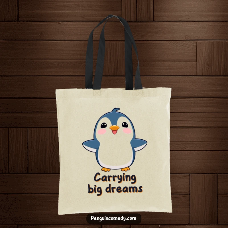 Funny joyful penguin tote bag, with flippers outstretched upwards, perfect for carrying essentials and spreading good cheer.