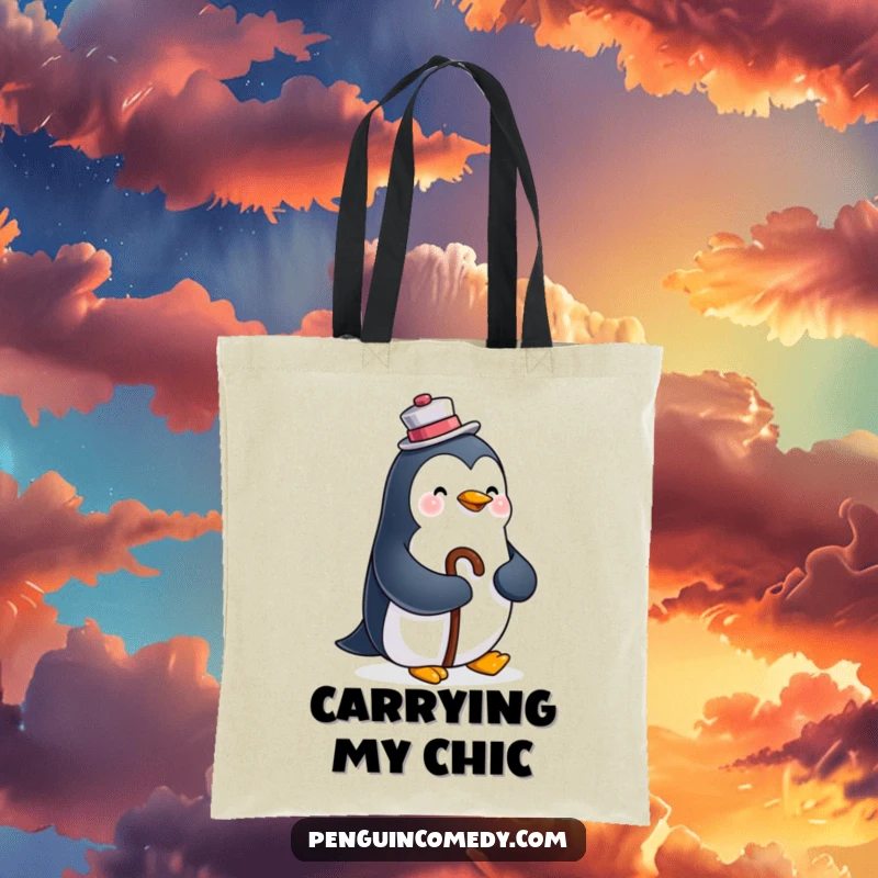 Funny tote bag featuring a happy penguin wearing a top hat and holding a cane, ideal for carrying essentials with style.