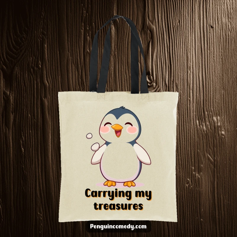 Funny Penguin Tote Bag: A whimsical tote featuring a delighted penguin juggling three small pebbles, perfect for carrying essentials with humor.