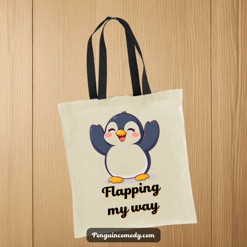 Funny Penguin Tote Bag: A cheerful penguin actively flapping its wings with pure delight, showcasing a happy and energetic arctic scene.
