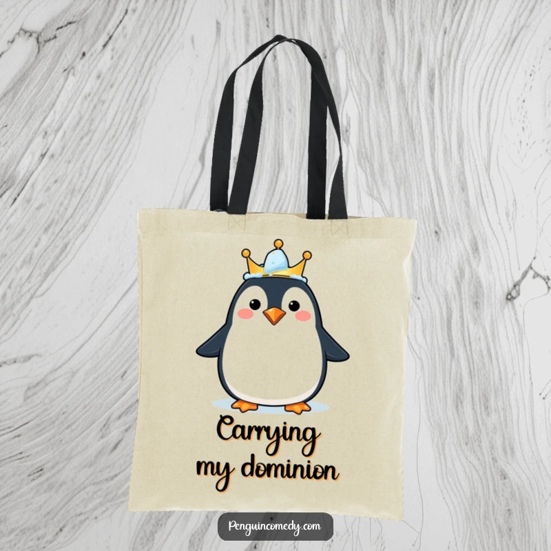 Funny tote bag with a happy, crowned penguin, great for carrying items with whimsical humor, a gift.