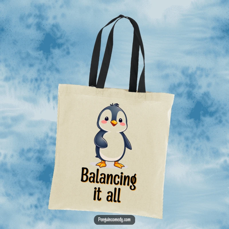 Funny penguin character standing steady on one foot, exuding balance and calm, featured on this useful tote bag.