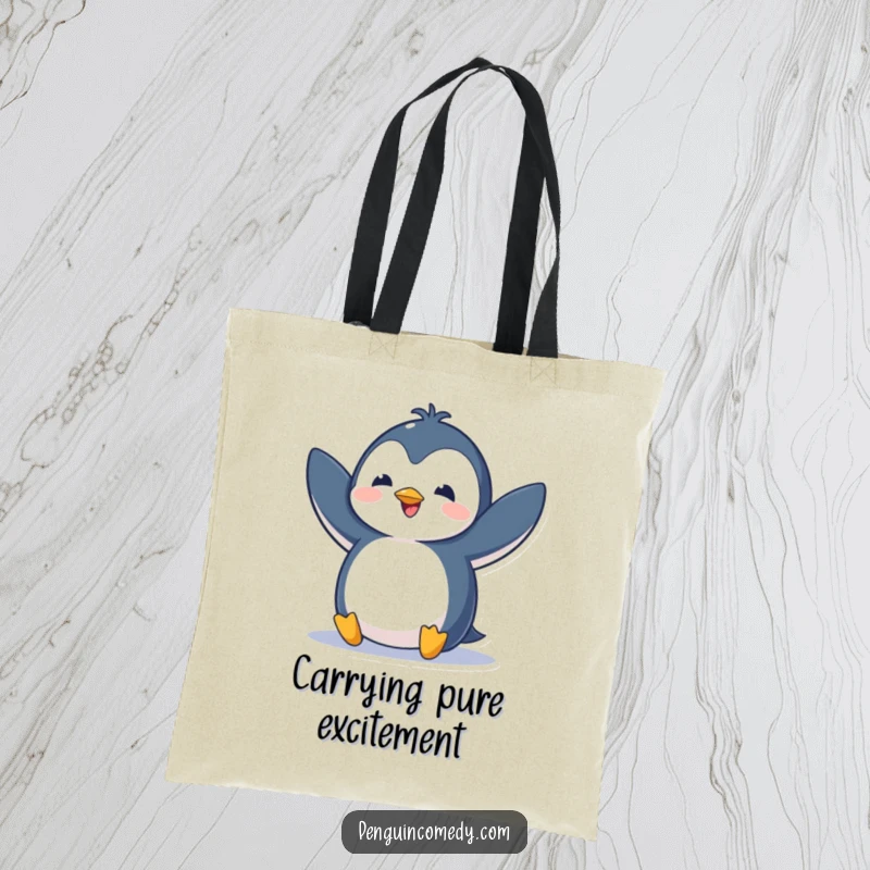 Funny tote bag designed with a penguin flapping its wings with excitement, symbolizing boundless enthusiasm.