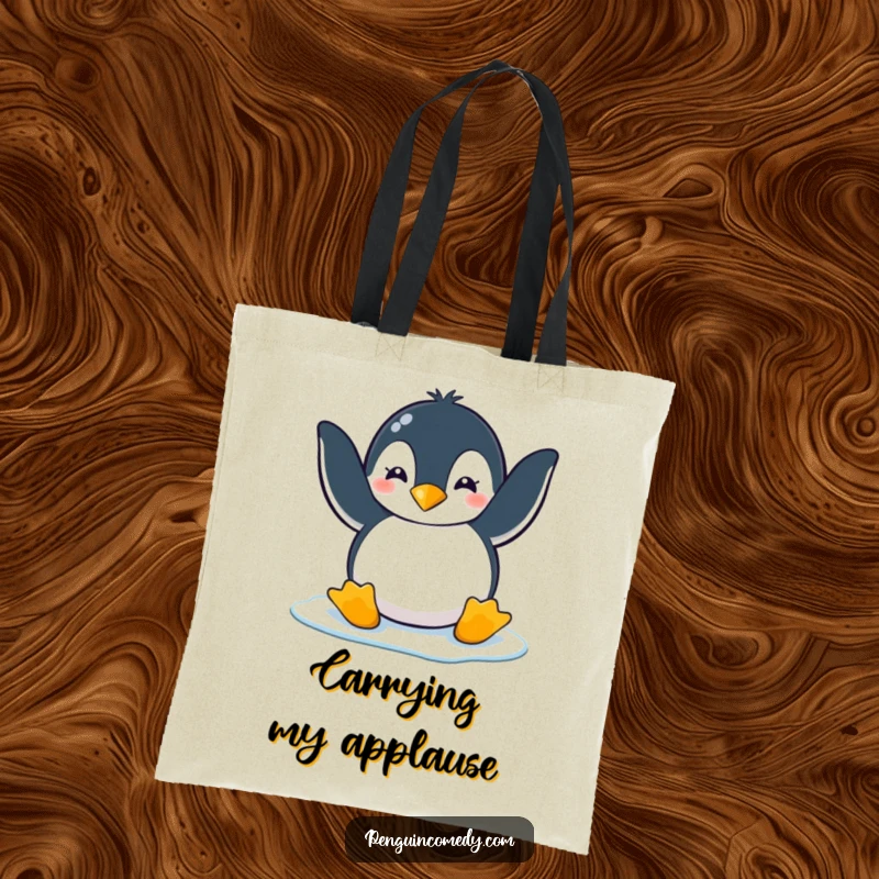 Funny penguin clapping happily with flippers on ice, making this tote bag a humorous and practical funny gift.