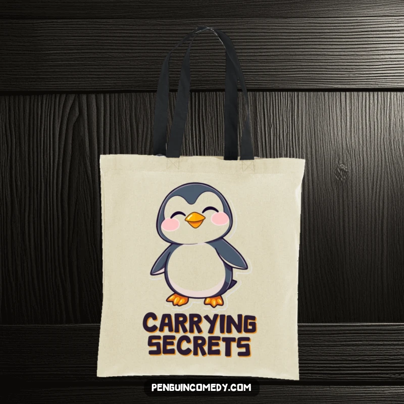 Funny penguin character with a mischievous sideways grin, hinting at playful schemes, decorating this practical and stylish tote bag.
