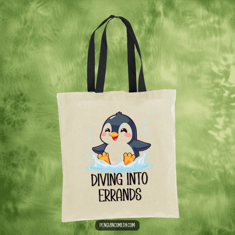 Funny tote bag featuring a penguin with a huge grin making a big splash in icy, clear water with excitement.