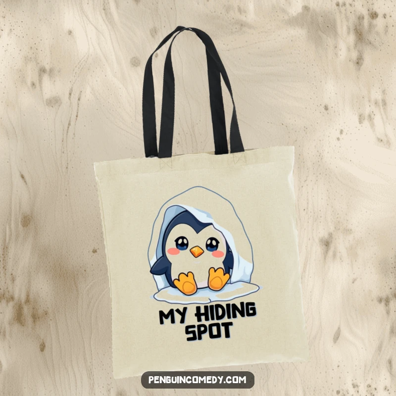 Funny Penguin Tote Bag: A stylish tote showcasing a curious penguin peeking from an iceberg, perfect for carrying your items with humor.